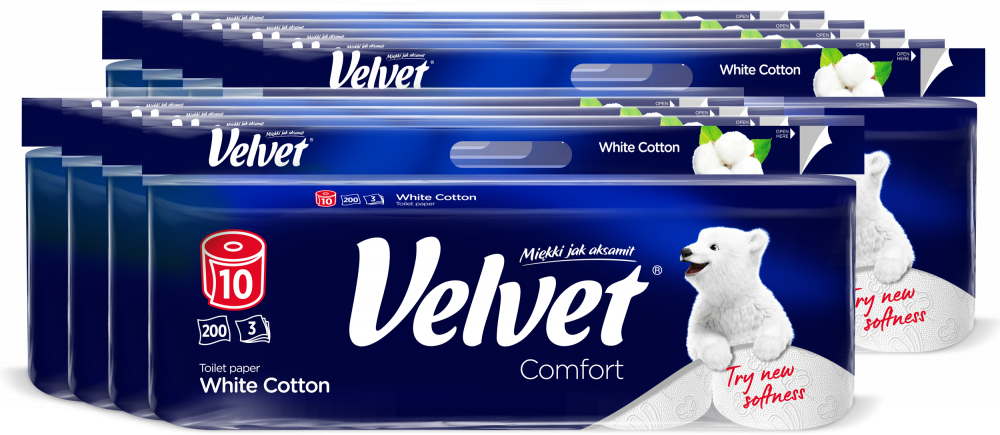 9x Papier toaletowy Velvet Comfort White Cotton, 3-warstwowy, 10 rolek, 25m, biały