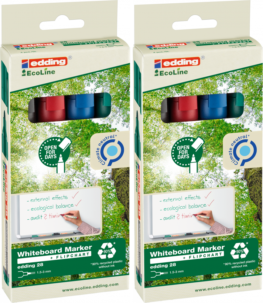 2x Marker suchościeralny edding 28 EcoLine, okrągła, 1.5-3mm, 4 sztuki, mix kolorów