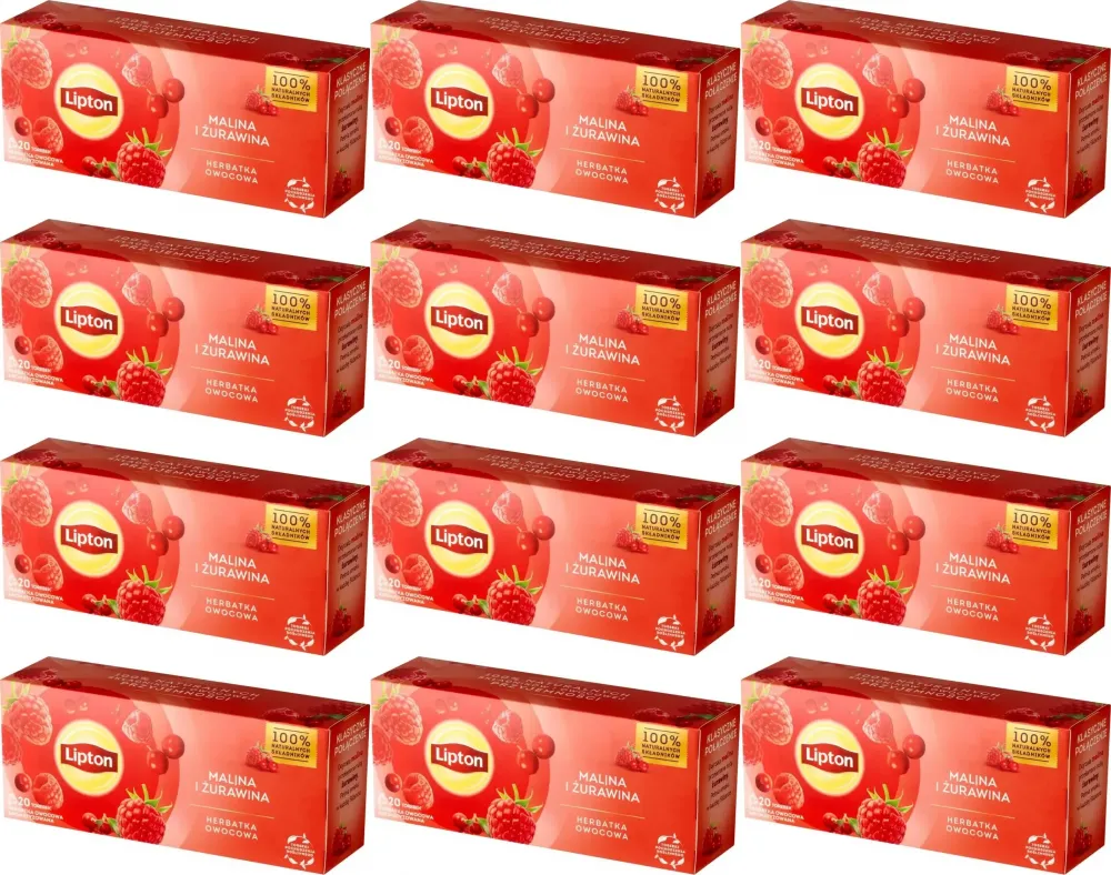 12x Herbata owocowa w torebkach Lipton, malina i żurawina, 20 sztuk x 1.6g