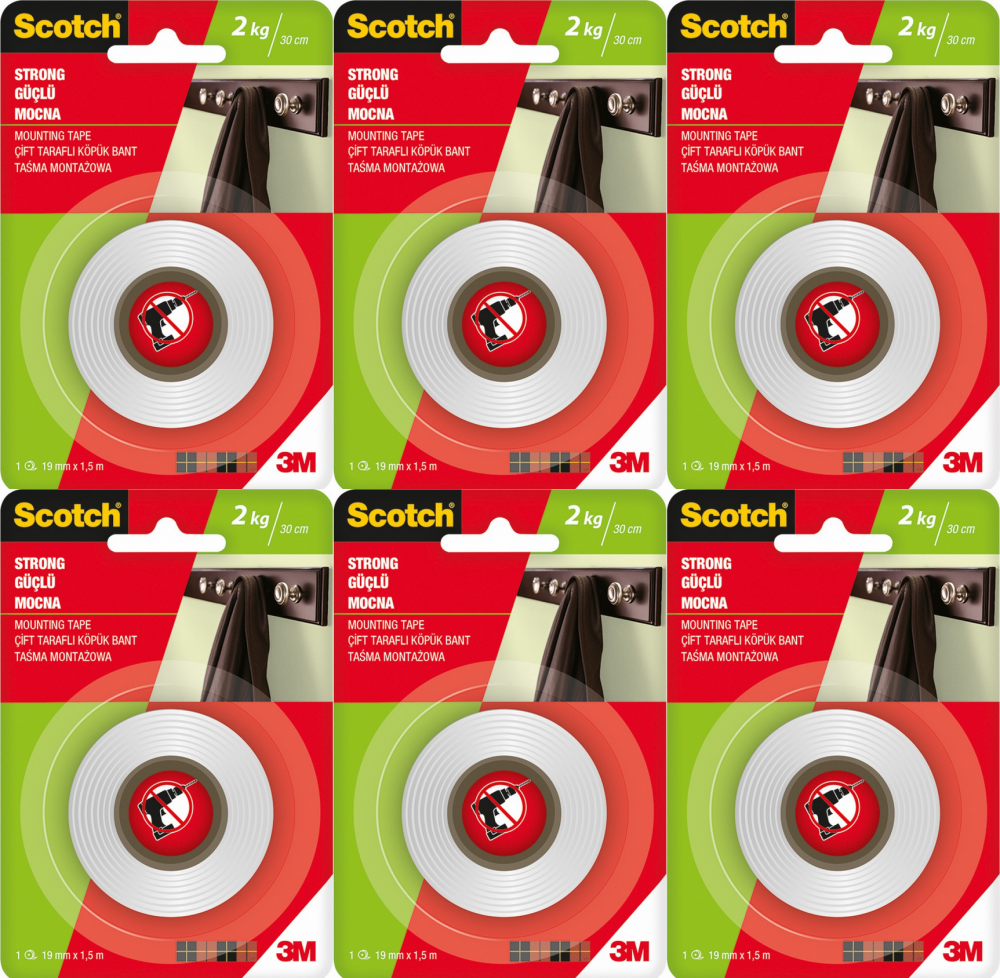 6x Taśma montażowa Scotch, mocna, 19mm x 1.5m, biały