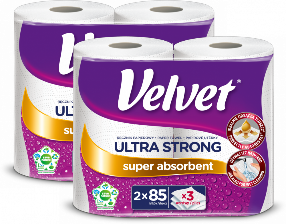 2x Ręcznik papierowy Velvet Ultra Strong, 3-warstwowy, w roli, 2 rolki, biały