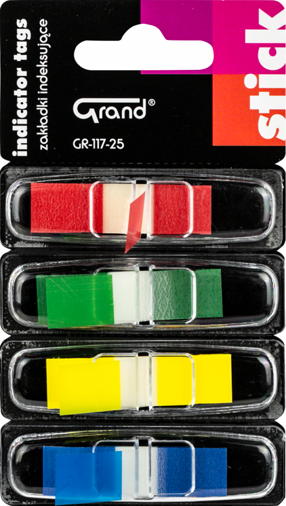Zakładki samoprzylepne Grand ZZ GR-117-25, indeksujące, w podajniku, 45x12 mm, 4x25sztuk, mix kolorów