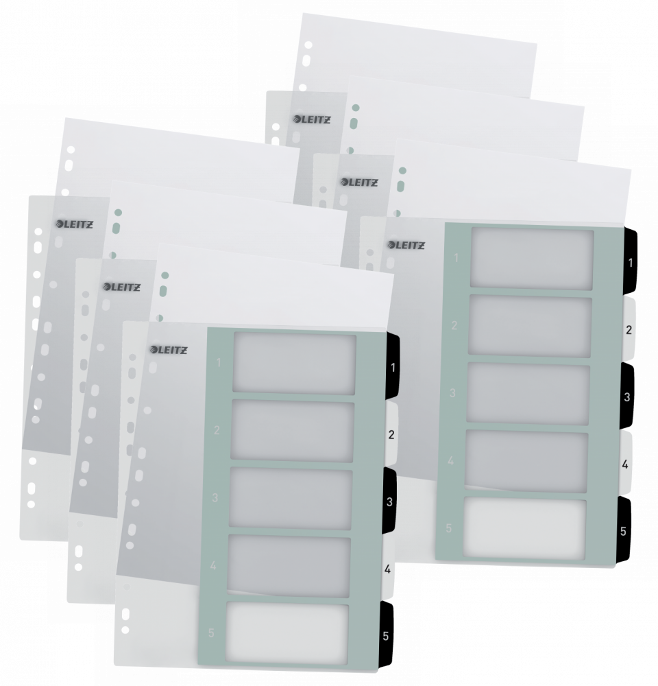 6x Przekładki do segregatora Leitz Wow, plastikowe, numeryczne, A4+, 1-5 kart, do zadruku, biało-czarny