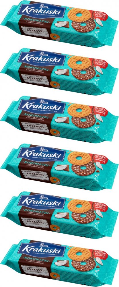 6x Herbatniki kokosowe Krakuski Kokonatki, w czekoladzie mlecznej, 174g