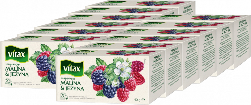 12x Herbata owocowa w torebkach Vitax Inspirations, malina i jeżyna, 20 sztuk x 2g