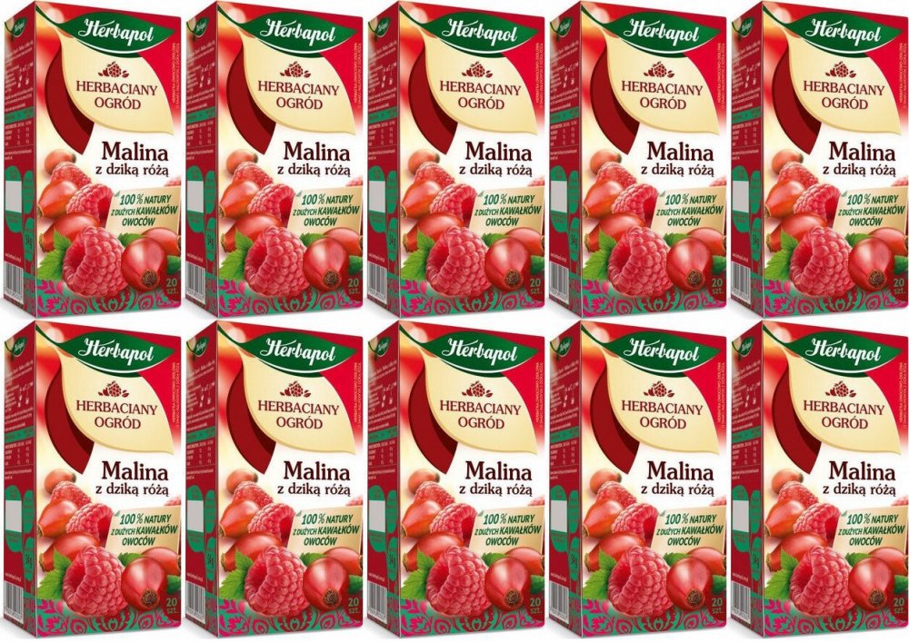 10x Herbata owocowa w torebkach Herbapol Herbaciany Ogród, malina z dziką różą, 20 sztuk x 2,7g