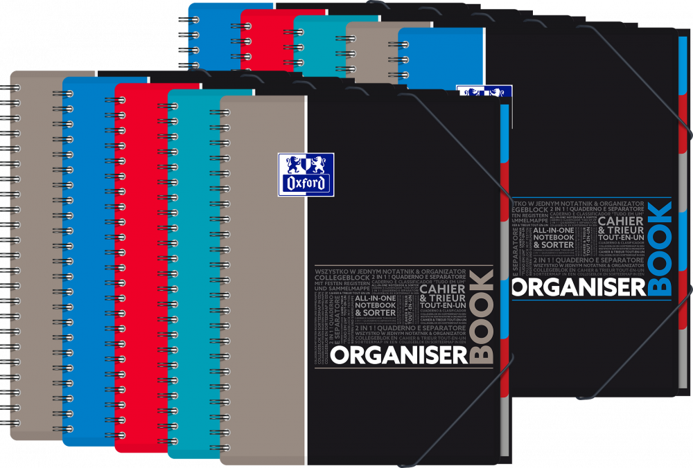 10x Kołonotatnik z przekładkami Oxford Student OrganiserBook, A4+ , w kratkę, 80 kartek, okładka PP, mix wzorów