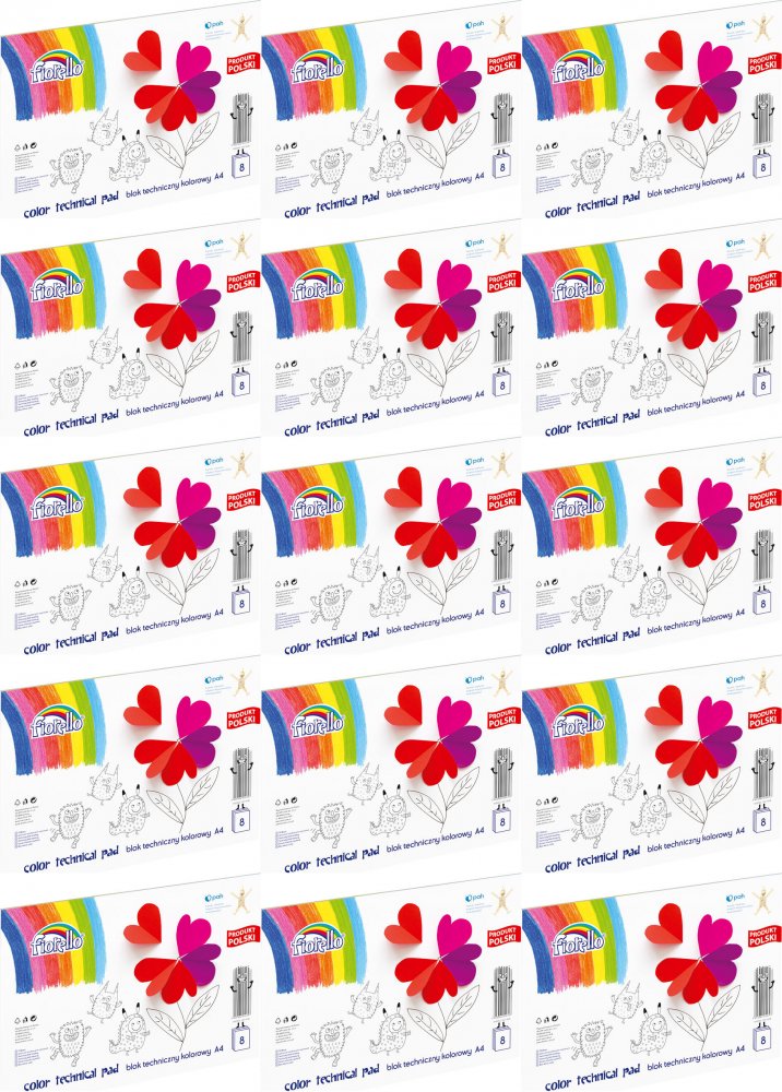 15x Blok techniczny kolorowy Fiorello, A4, 8 kartek, mix wzorów