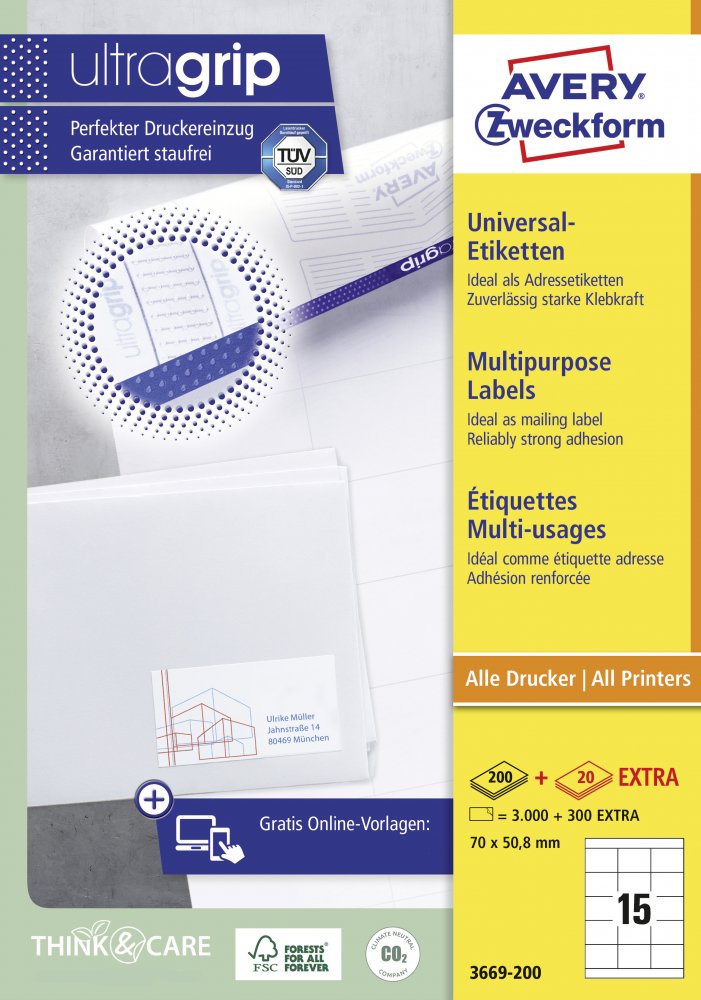 Etykietysamoprzylepne Avery Zweckform, 70x50.8mm, 200 arkuszy+ 20 gratis, biały