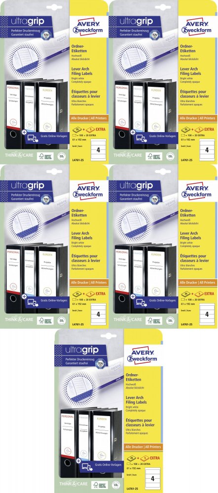 5x Etykiety do segregatorów Avery Zweckform, samoprzylepne, szerokie, 61x192mm, 25 arkuszy + 5 gratis,, biały