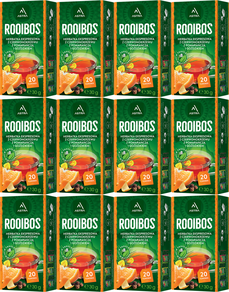 12x Herbata Rooibos w torebkach Astra, pomarańcza i goździk, 20 sztuk x 1.5g