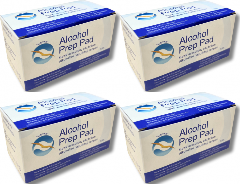4x Gaziki nasączone alkoholem 70%, do dezynfekcji i oczyszczania skóry, 6.5x3cm, 100 sztuk