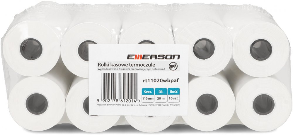 Rolka termiczna Emerson, 110mm x 20m, 50+/- 6g/m2, BPA Free, 10 sztuk, biały