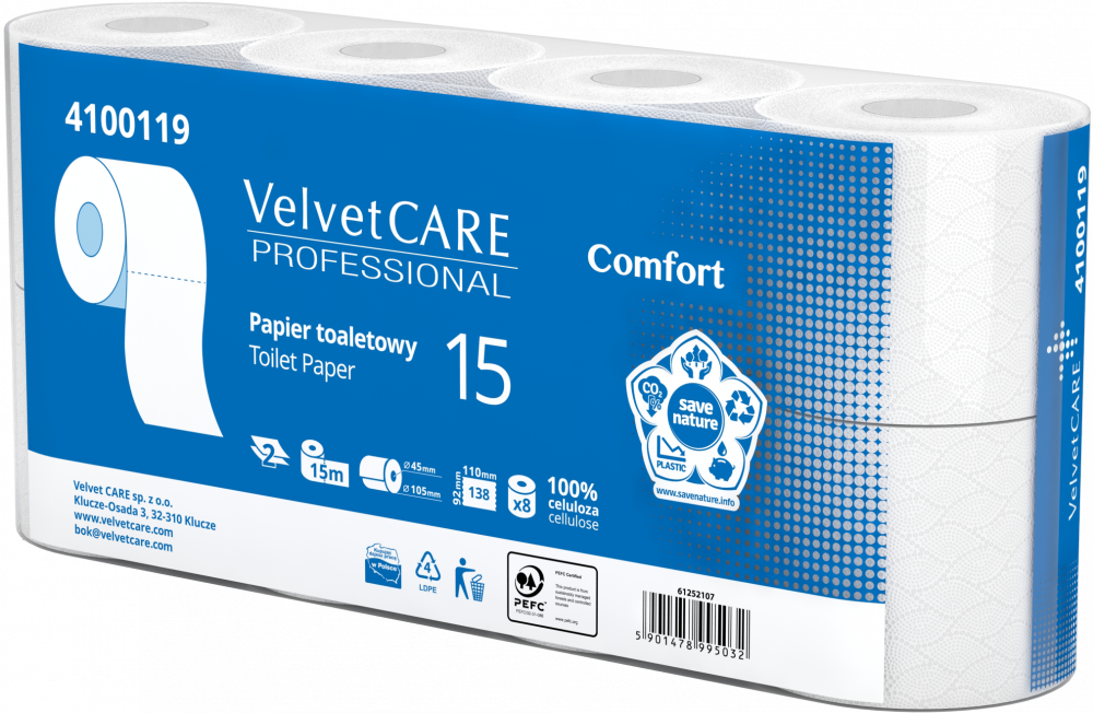 Papier toaletowy VelvetCARE Professional, 2-warstwowy, 15m, 8 rolek, biały