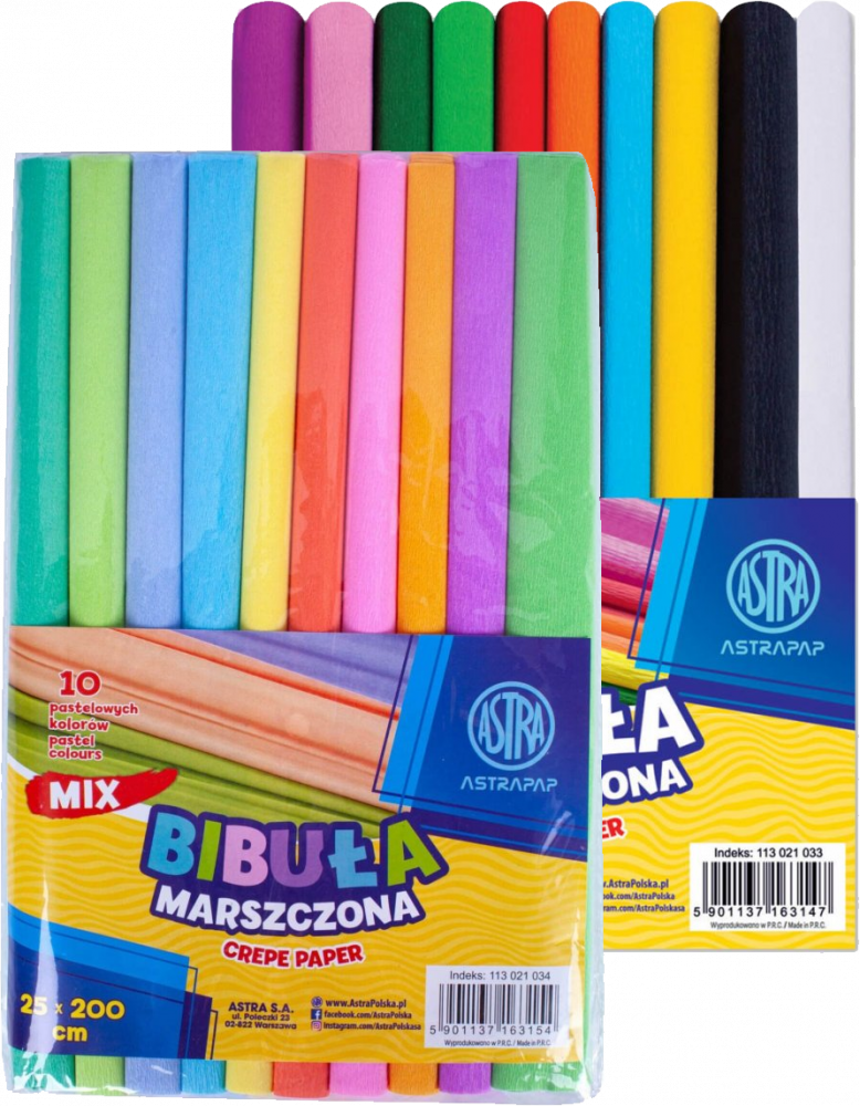 Zestaw: Bibuła marszczona Astra Astrapap, 200x25cm, 10 sztuk mix kolorów + 10 sztuk mix kolorów pastelowych