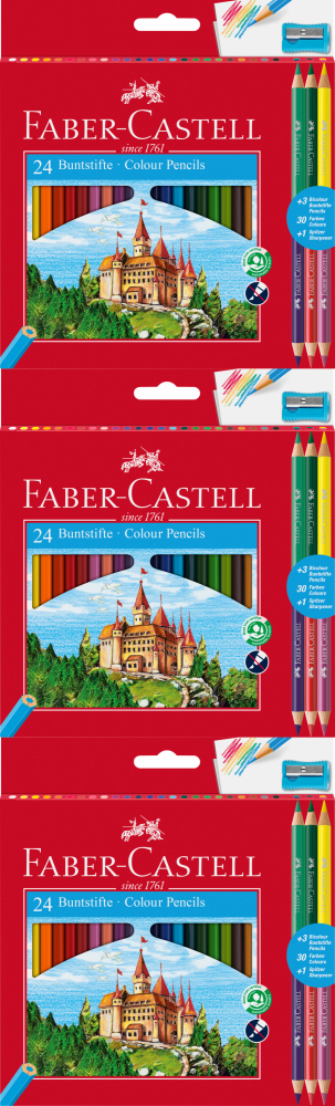 3x Kredki ołówkowe Faber Castell Zamek, 24 sztuki + 3 kredki dwustronne + temperówka, mix kolorów