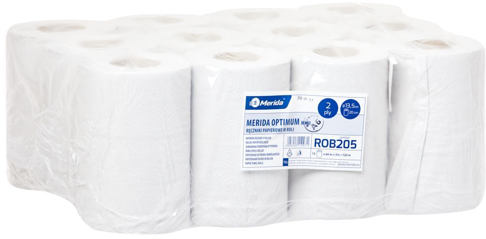 12x ręcznik papierowy Merida Optimum mini, 2-warstwowy, 60m, w roli, makulatura, 1 rolka, biały