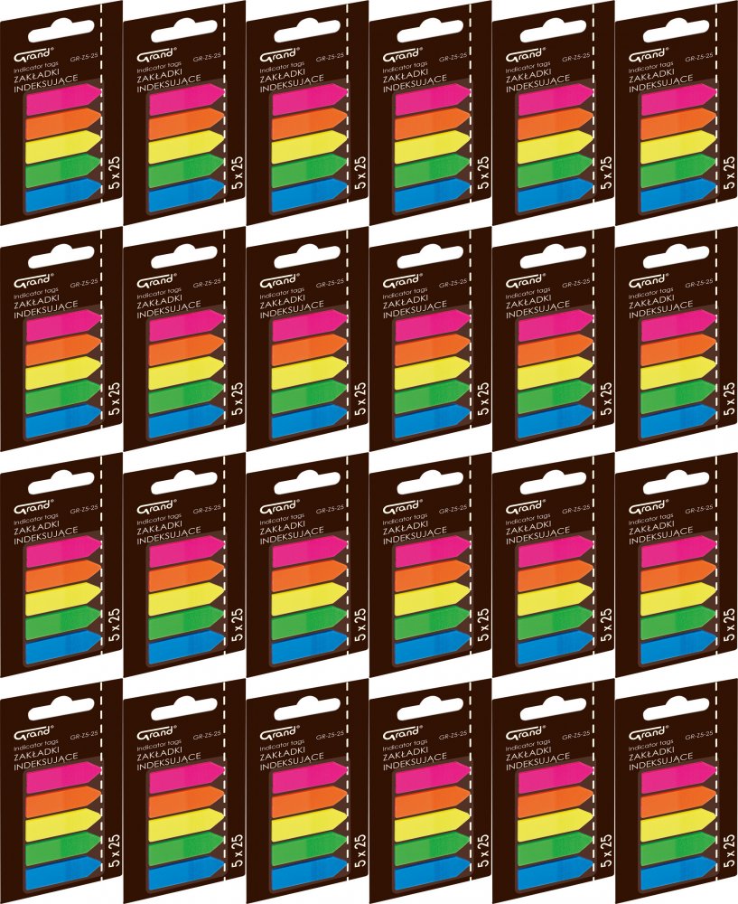24x Zakładki samoprzylepne Grand GR-Z5-25, strzałki, indeksujące, folia, 45x12mm, 5x25 sztuk, mix kolorów