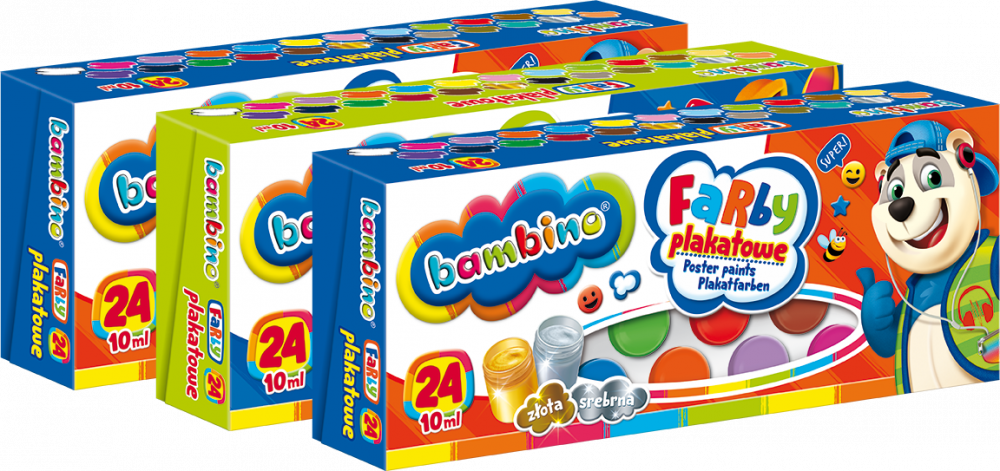 3x Farby plakatowe Bambino Zwierzaki Uczniaki, 10ml, 24 sztuki, mix kolorów