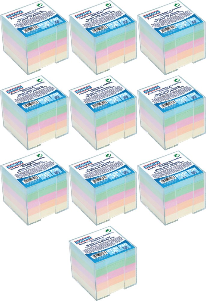 10x Karteczki do notatek w pojemniku Donau, nieklejone, 83x83x75mm, 750 kartek, mix kolorów