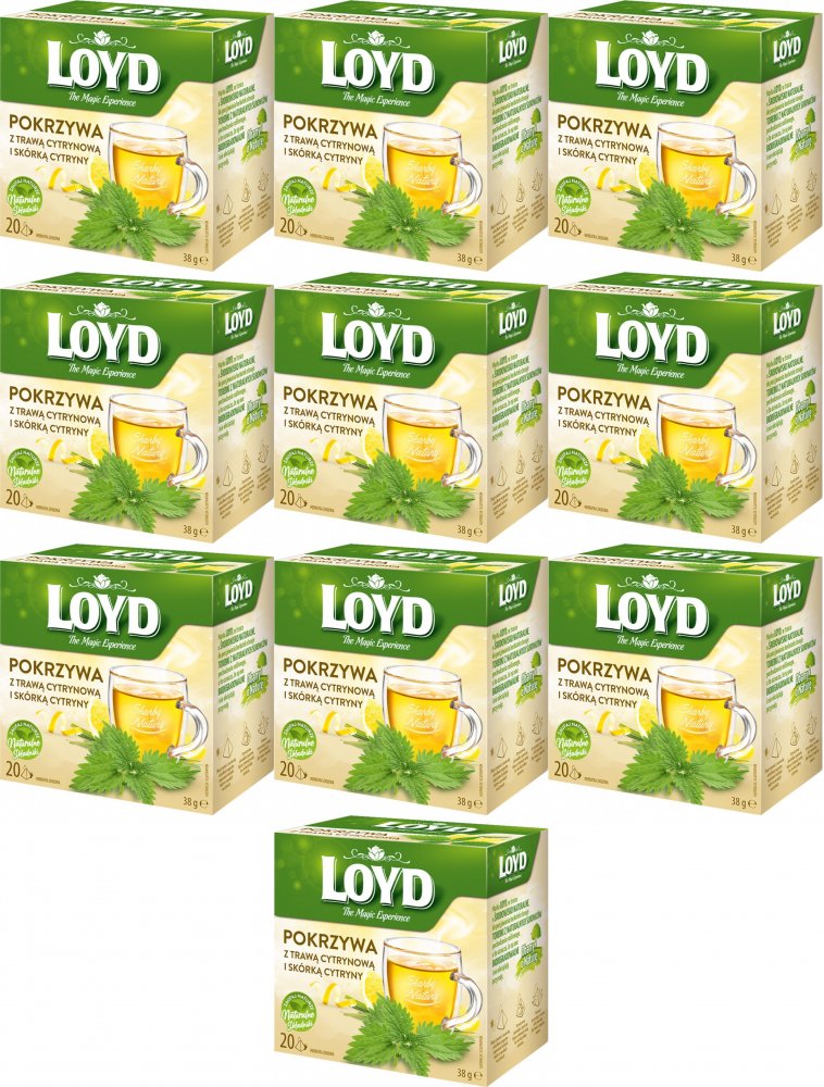 10x Herbata ziołowa w piramdkach Loyd Pokrzywa z trawą cytrynową i skórką cytryny, 20 sztuk x 1.9g