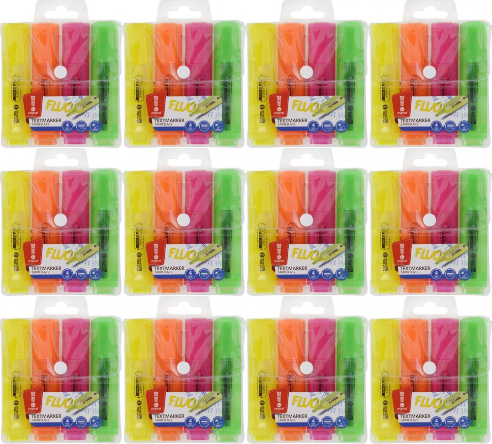 12x Zakreślacz MemoBe, ścięta, w etui, 4 sztuki, mix kolorów neonowych
