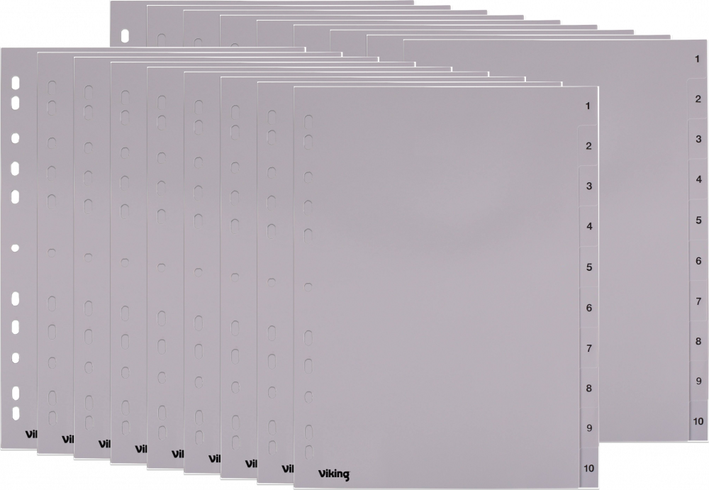 18x Przekładki do segregatora Viking, plastikowe, numeryczne, A4, 1-10 kart, szary