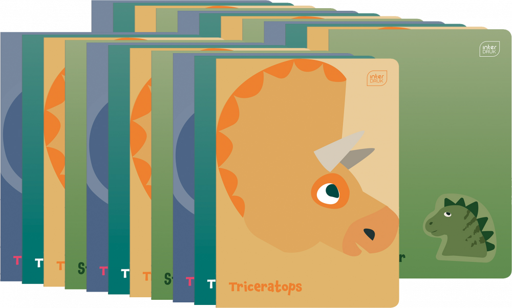 320x Zeszyt w wąskie kolorowe linie Interdruk UV Dinozaurus, A5, 16 kartek, mix wzorów