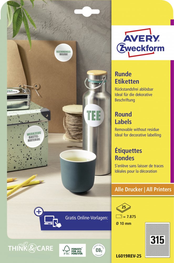Etykiety samoprzylepne usuwalne Avery Zweckform, okrągłe 10mm, 25 arkuszy, biały