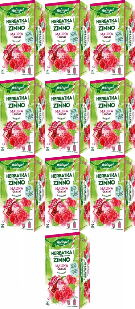 10x Herbata owocowo-ziołowa w kopertach Herbapol, na zimno, malina i granat, 20 sztuk x 1.8g