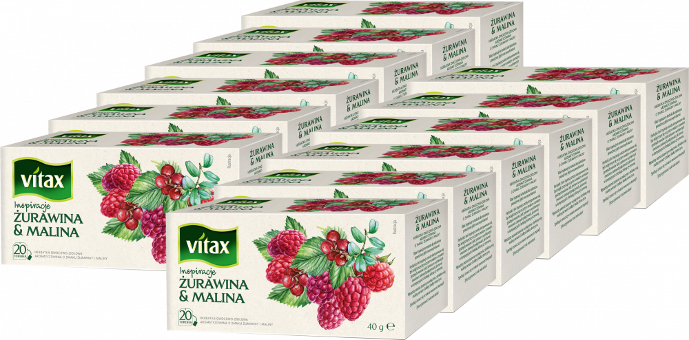 12x Herbata owocowa w torebkach Vitax Inspirations, żurawina i malina, 20 sztuk x 2g