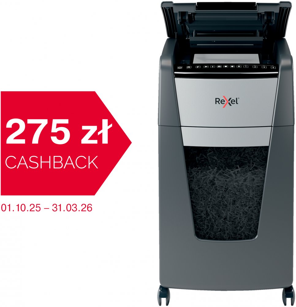 Niszczarka do papieru automatyczna Rexel Optimum AutoFeed+ 300M, mikrościnek 2x15 mm, 300 kartek, P-5 DIN, czarno-srebrny