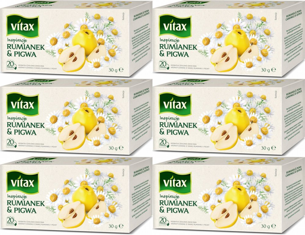 6x Herbata ziołowo-owocowa w torebkach Vitax Inspiracje, rumianek & pigwa, 20 sztuk x 1.5g
