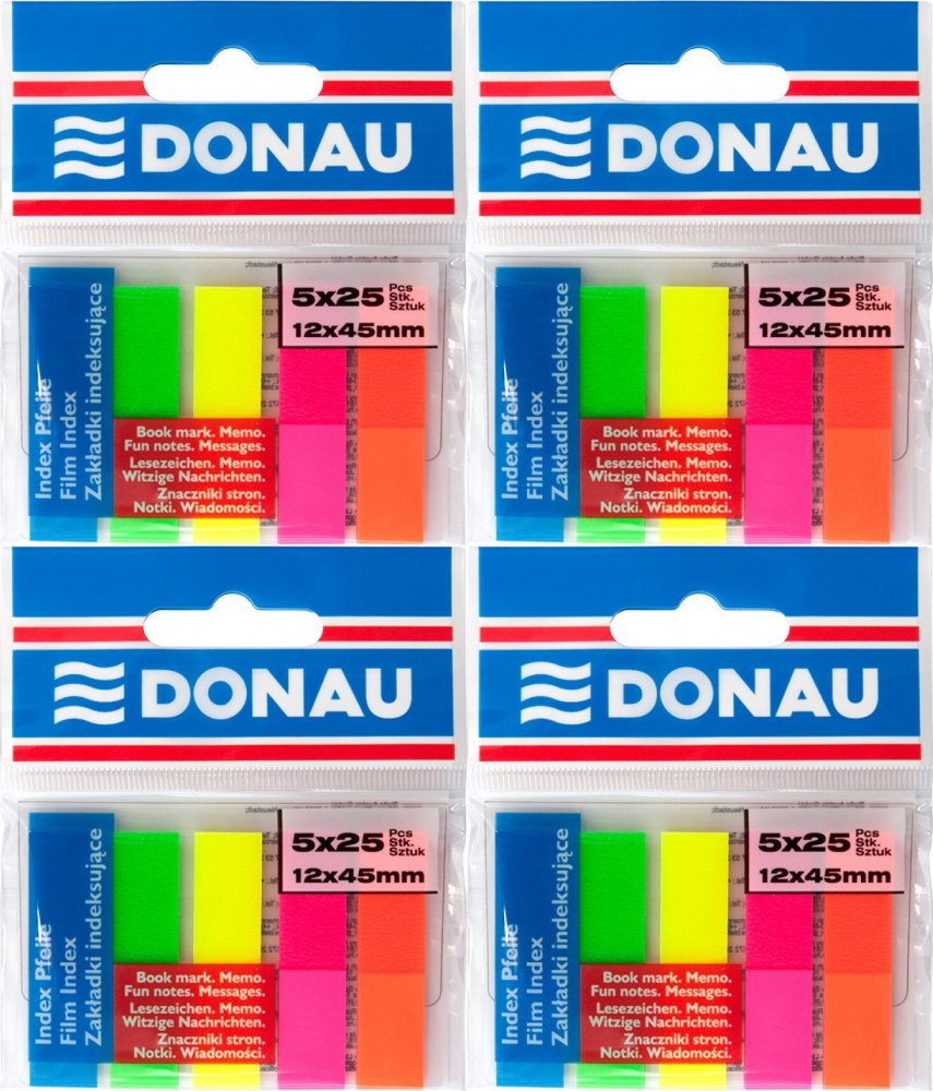 4x Zakładki samoprzylepne Donau, proste, indeksujące, folia, 12x45mm, 5x25 sztuk, mix kolorów neonowych
