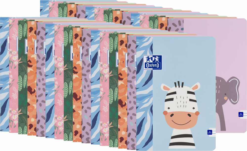 100x Zeszyt w wąskie linie Oxford Kids, A5, miękka oprawa, 16 kartek, mix wzorów