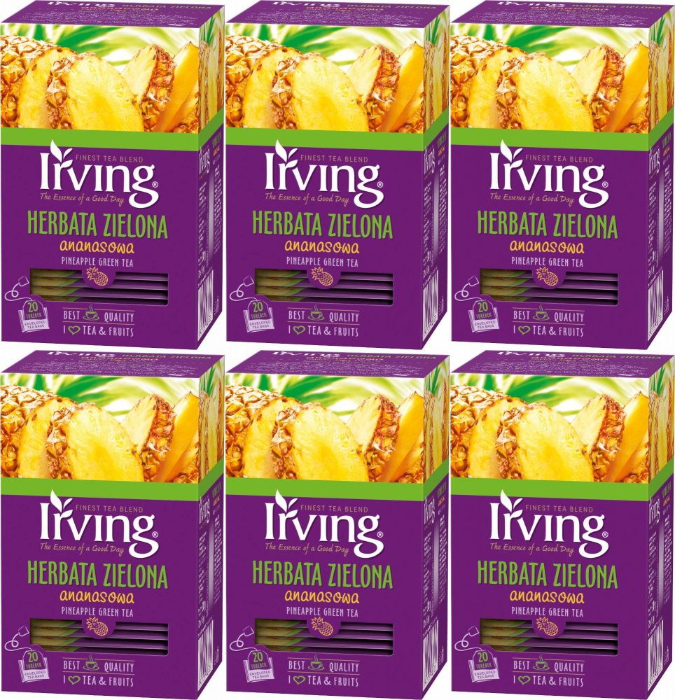 6x Herbata zielona smakowa w kopertach Irving, ananasowa, 20 sztuk x 1.5g
