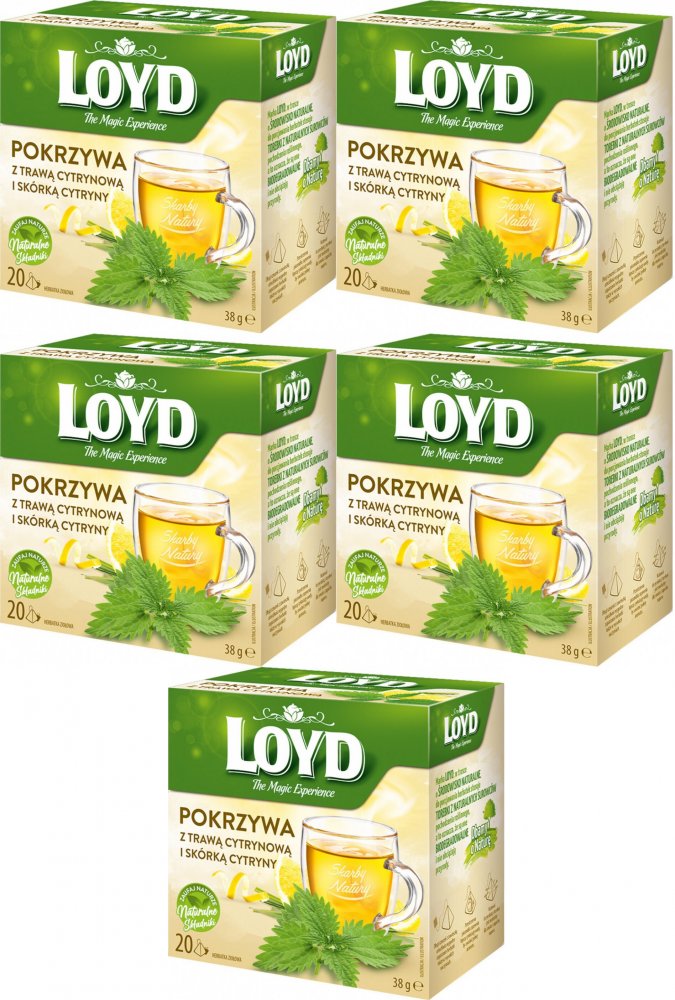 5x Herbata ziołowa w piramdkach Loyd Pokrzywa z trawą cytrynową i skórką cytryny, 20 sztuk x 1.9g