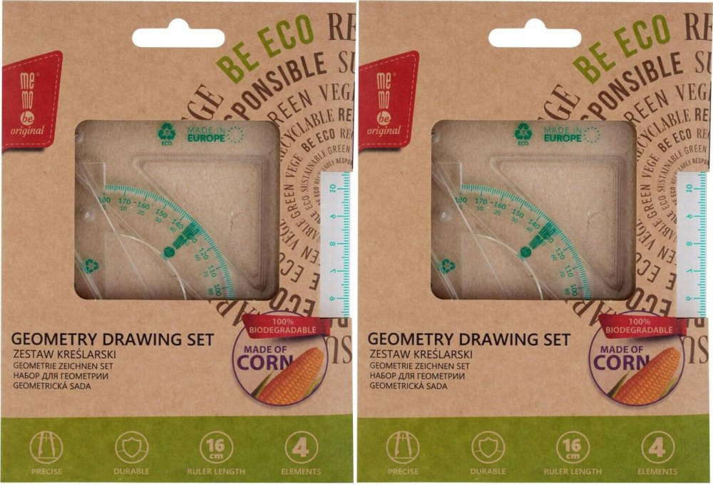 2x Zestaw kreślarski Eco MemoBe by Pratel, z linijką 16cm, 4 elementy, transparentny