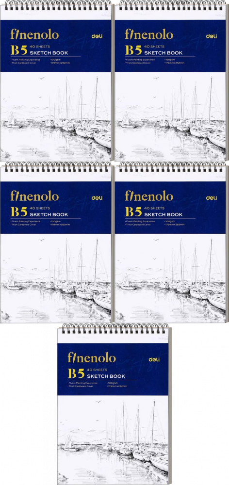 5x Szkicownik Deli Finenolo, na spirali, B5, 40 kartek, biały