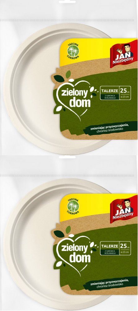 2x Talerze jednorazowe Jan Niezbędny Zielony Dom, 23cm, trzcina cukrowa, 25 sztuk, biały