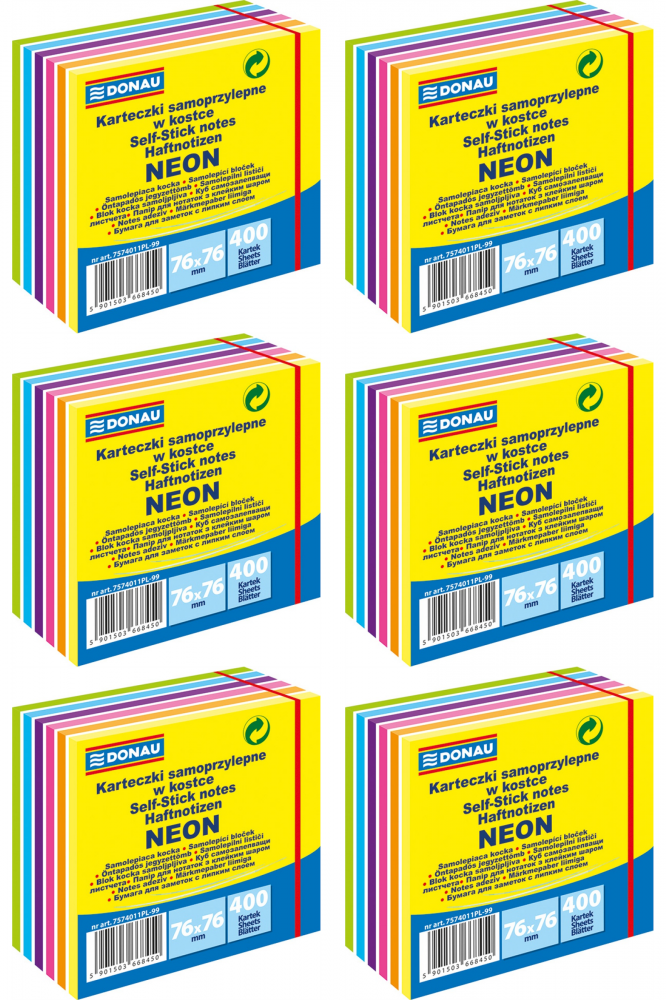 6x Karteczki samoprzylepne Donau, 76x76mm, 400 karteczek, mix kolorów neonowych