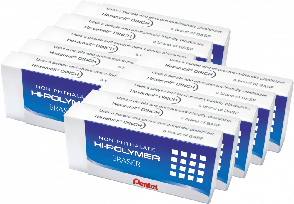 10x gumka ołówkowa Pentel ZEH Hi-Polymer, 43x17.4x11.7mm, biały