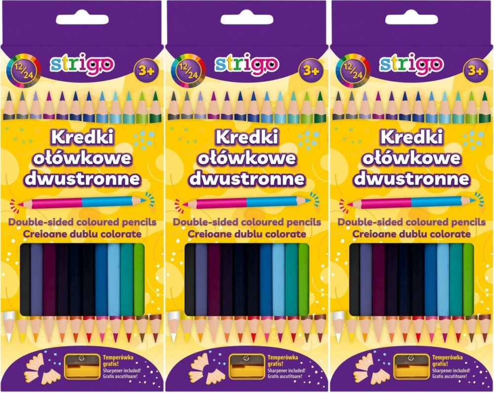 3x Kredki ołówkowe Strigo, dwustronne, trójkątne, 12 sztuk/24 kolory+ temperówka