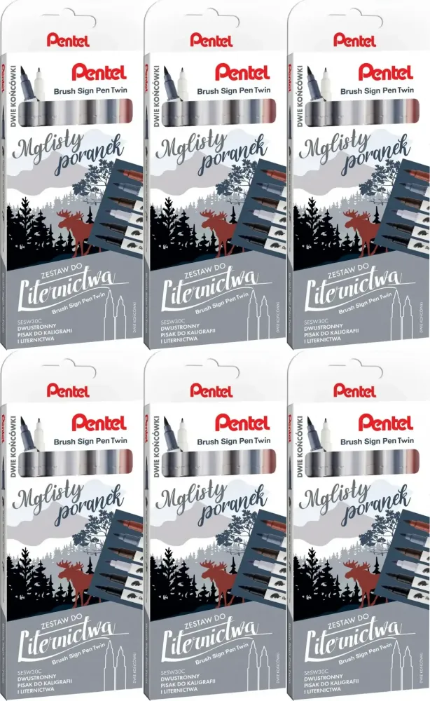 6x Pisaki do kaligrafii i liternictwa Pentel Brush Sign Pen Twin SESW30C Mglisty Poranek, dwustronne, 6 sztuk, mix kolorów