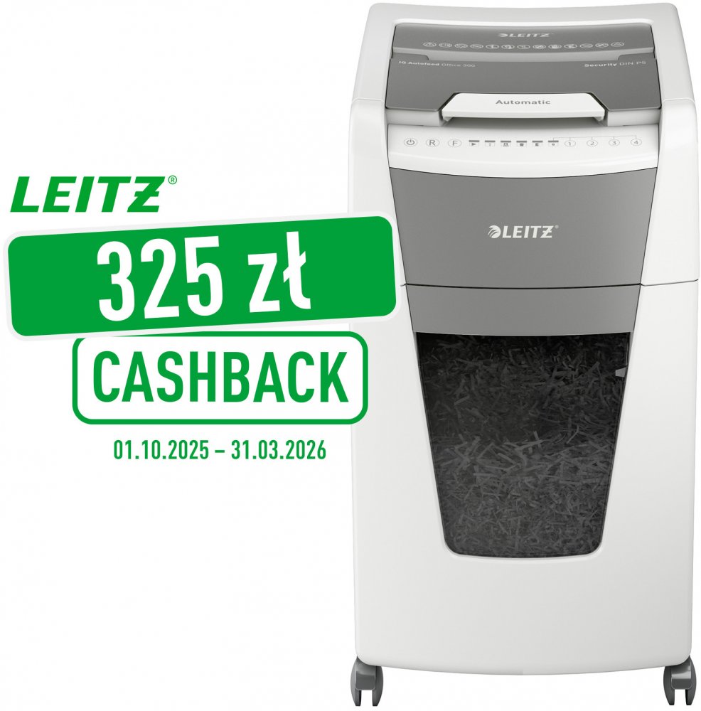 Niszczarka automatyczna Leitz IQ AutoFeed 300, mikrościnek 2x15mm, 300 kartek, P-5 DIN, biały