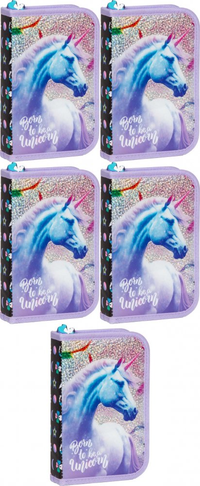 5x Piórnik szkolny Derform Jednorożec 15, 1-komorowy, z wyposażeniem, fioletowy