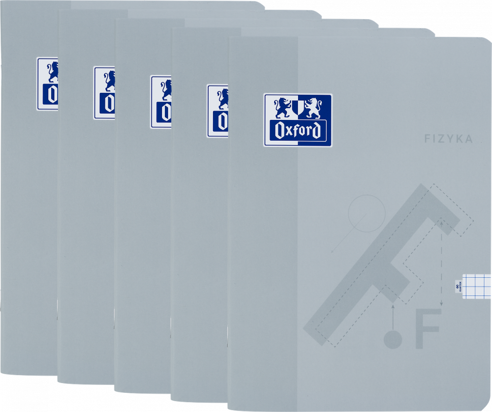 5x Zeszyt przedmiotowy w kratkę Oxford Fizyka, A5, miękka oprawa, 60 kartek, jasnoszary