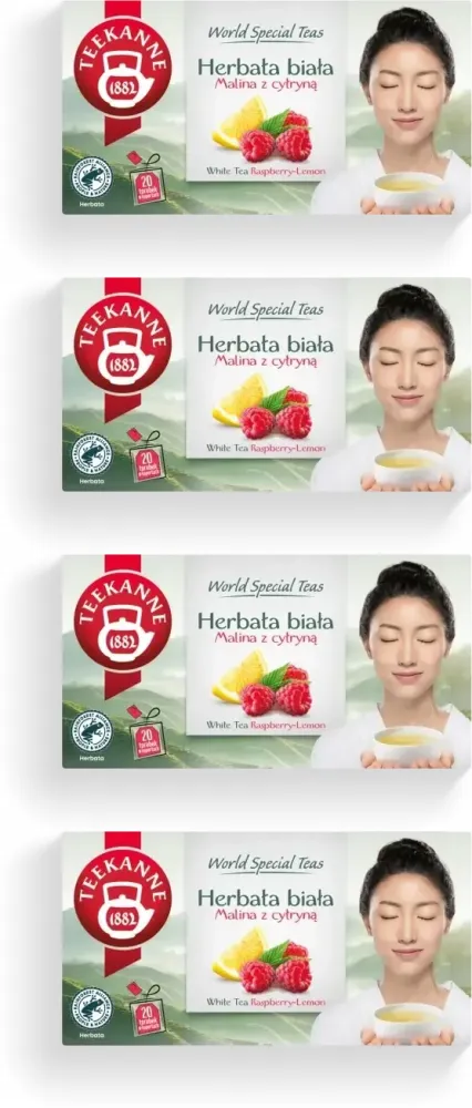 4x Herbata biała smakowa w torebkach Teekanne White Tea Rasberry-Lemon, malina z cytryną, 20 sztuk x 1.25g