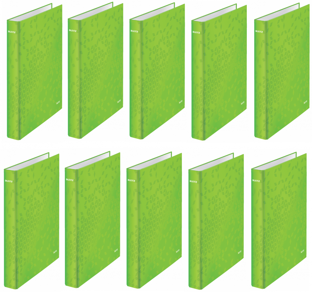 10x Segregator Leitz Wow, A4, szerokość grzbietu 40mm, do 250 kartek, 2 ringi, zielony metalik