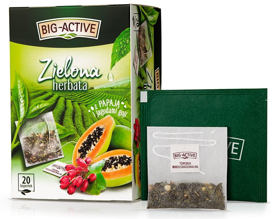 Herbata zielona smakowa w kopertach Big-Active, papaja i jagody goji, 20 sztuk x 1.7g